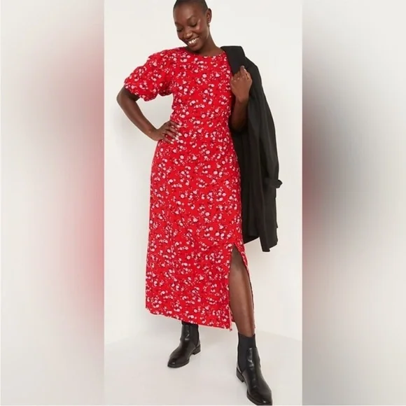 Old Navy | Dresses | Old Navy Red Floral Long Midi Dress Puff Sleeves Slit  Open Back Size Medium | Poshmark